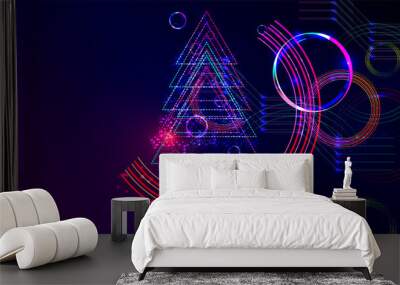 Neon techno christmas tree science space abstraction background. Cosmos blue dark retro futuristic 3d starry sky glowing galaxy and planets blue Wall mural