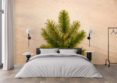 spruce branches in the shape of a Christmas tree on a wooden background Wall mural