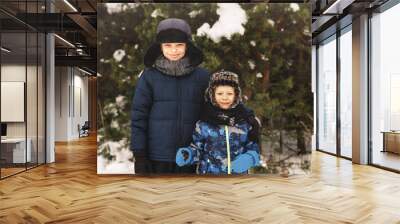 Two boys in winter in nature. Portrait in winter hats Wall mural