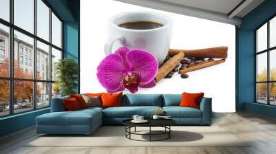 Coffee and orchid isolated on a white background Wall mural