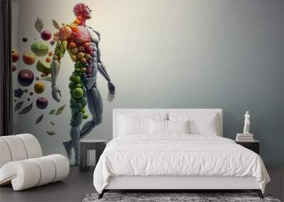 A man with a lot of energy. Fruit forming a human body, metabolism anв nutrition, eating diet food for energy and digestion. Generative Ai Wall mural