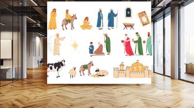 Bible characters. The birth of Jesus vector illustration set. Christ birth in manger, virgin Mary. Christmas scene of baby Jesus in the manger with big Bethlehem star,  three wise men and shepherds. Wall mural