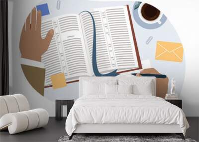 Bible study plan cartoon vector illustration. Human hands holding pen or pencil and making notes in a notebook. Christian people read the Holy Bible and learn about the Word of God isolated on a white Wall mural