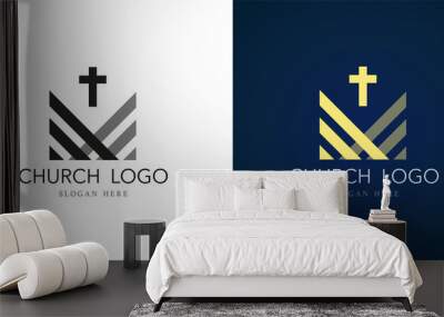 Christian cross church logo. Christianity symbol of Jesus Christ and reconciliation. Silhouette outline of cross illustration isolated on white background. Vector modern church logo design or sign. Wall mural