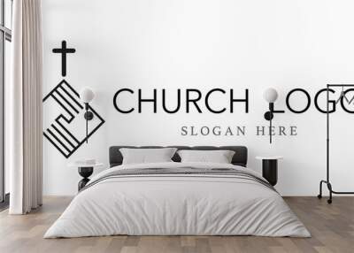 Christian cross church logo. Christianity symbol of Jesus Christ and reconciliation. Silhouette outline of cross illustration isolated on white background. Vector modern church logo design or sign. Wall mural