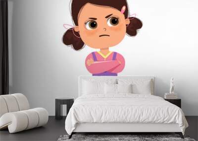 cute kid teen girl show facial expression. Angry little girl. Child in a pink shirt is expressing anger. Excitement and frown. Cartoon characters, vector illustrations, isolated on white background. Wall mural