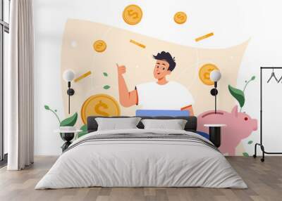 Earn money online. Man working online with a computer and coins vector illustration. Freelancer making money from home, earn in internet, success, remote work. Earning, spending and save money concept Wall mural