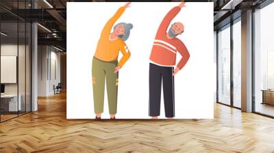 Elderly couple doing morning exercises at home. Active mature senior man and woman exercising, people has fitness workout. Concept of healthy sport habits and active lifestyle. Vector illustration. Wall mural