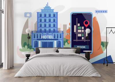 Hotel booking concept. Online booking, apartment search and reservation. Concept of online service for early booking vector illustration. Phone screen with different vacation homes or hostels.  Wall mural