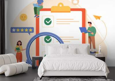 Online customer satisfaction survey. Large paper with checkmarks and crosses. Tiny people characters doing priorities checklist flat vector illustration. Work planning, feetback and management concept Wall mural