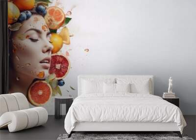 Portrait close up of beautiful girl with fruit and vegetables. Serious young woman with perfect skin and hair. Concept of skincare and beautiful hair. Banner template. Generative Ai Wall mural