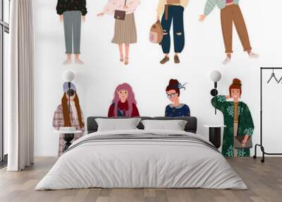 Set of stylish fashionable young women dressed in trendy clothes. Fashion girl model and trendsetters. Collection of casual and formal outfits. Go shopping. Flat cartoon colorful vector illustration. Wall mural