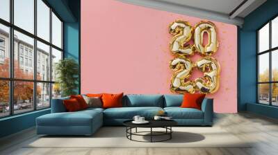 Happy New Year 2023 greeting card. 2023 golden foil balloons numbers and confetti. Top horizontal view copy space new year and christmas holiday concept. Wall mural