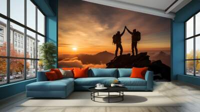 Teamwork concept, with two people giving high five on mountain top. Success, achievement and accomplishment people Wall mural