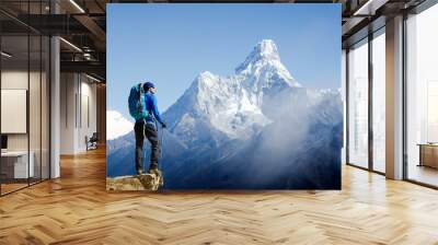 Young male hiker with backpack relaxing on top of a mountain during sunny summer day Wall mural