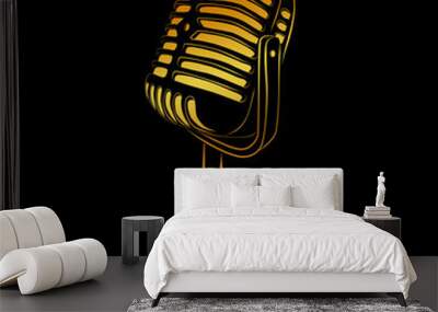 Vector Golden hand draw sketch of classic microphone at black background Wall mural