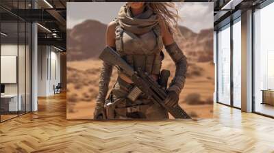 a woman holding a gun in the desert, in the style of meticulous military scenes close up Wall mural