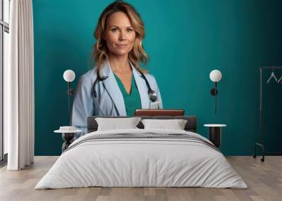 AI blond 33 years old doctor woman and tablet teal background Wall mural