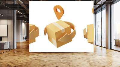 3d cardboard box and pin map icon set, fast delivery illustration Wall mural