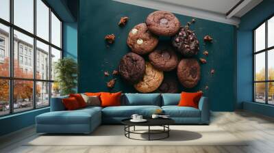 a stack of chocolate cookies with a few crumbs scattered around Wall mural