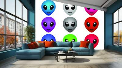 Set of alien emoji icons and faces with different colors isolated on white background. Vector Illustration Wall mural