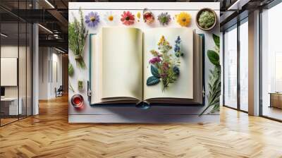 Top view of An open old book, pharmacy instruments, herbs, on a white  wooden table. Wall mural