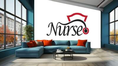 Nurse font with a stethoscope and hat logo design illustration on white background Wall mural