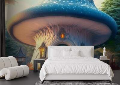 Fantastic mushroom house with blue roof Wall mural