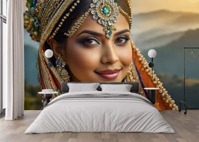 Portrait of beautiful indian girl in traditional Indian costume Wall mural