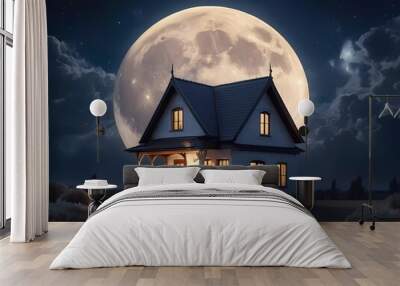 haunted house with moon, house in the night outside view moon horror  Wall mural