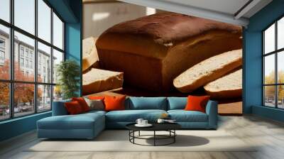 Closeup of a sliced Darnitsky bread on the wooden board with light on Wall mural