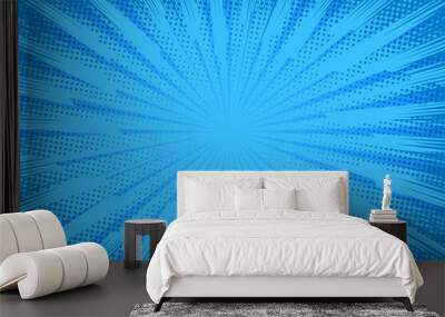 Comic background. Pop art texture. Starburst cartoon style. Anime design with explosion effect for print. Fun dot pattern. Blue backdrop with halftone gradient. Funny line frame. Vector illustration Wall mural