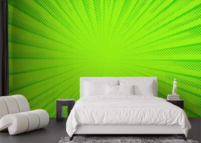 Green comic background. Art pop cartoon light green backdrop. Halftone effect pattern. Fun anime texture. Starburst manga style bg. Mark popart gradient. Bright abstract color. Vector illustration Wall mural