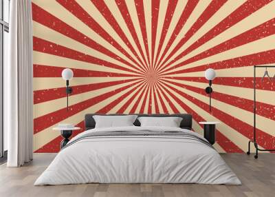 Sun ray circus. Sun rays retro background. Radial vintage burst. Soft light stripe. Sunburst pattern. Beams line. Striped aging effect texture. Old poster. Starburst strips. Vector illustration Wall mural