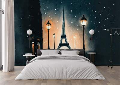 Eiffel tower in the Paris night light, Generative Ai Wall mural