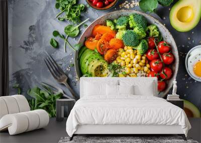 Healthy salad bowl with quinoa, avocado, chickpeas, tomatoes, cucumber, corn and spinach, Generative Ai Wall mural