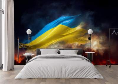 Ukraine flag among the fire bomb and missiles Wall mural