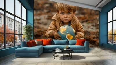 A child holding globe in cracked, dry hands symbolizes urgent need for environmental awareness and care. expression reflects concern for planets future Wall mural