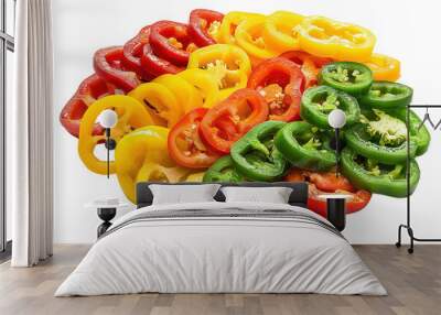 A colorful medley of sliced bell peppers in red, green, and yellow arranged in a fan shape, isolated on a transparent background, perfect for food, culinary, and healthy eating themes. PNG File, Wall mural