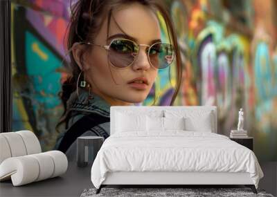 Chic young woman with sunglasses poses against vibrant graffiti wall, showcasing her stylish attire and confident expression. urban backdrop enhances her fashionable look Wall mural