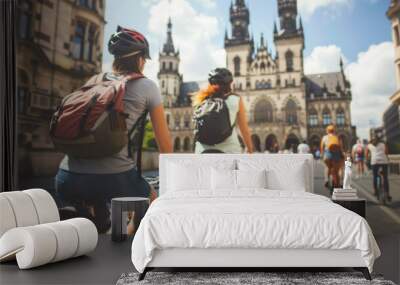 Cyclists Exploring Historic City. Two cyclists ride through a historic city, admiring the architecture and bustling atmosphere, with a prominent landmark in the background. Wall mural