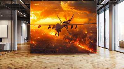 Drone Strike in Fiery Battle Scene. A dramatic scene of a drone strike targeting an enemy position amidst a fiery battlefield. The intense orange and black tones capture the chaos and destruction. Wall mural