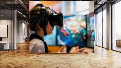 Girl immersed in virtual reality. A young girl wears a virtual reality headset, fully engaged in an interactive digital environment during an educational activity in a classroom setting. Wall mural