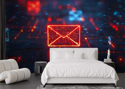 Glowing Red Email Icon on Digital Network. A vivid red email icon illuminated on a dark, digital circuit board symbolizing online communication and data security. Wall mural