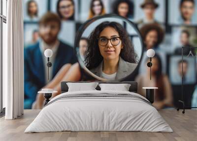 HR, Human Resources Targeting Concept. Focused Woman Highlighted by Magnifying Glass. Close-up view of a focused woman seen through a magnifying glass among a diverse group of people. HRM CRM, Wall mural