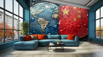 image features close up of two coins, one representing world and other China, both covered in water droplets, symbolizing relationship between two entities Wall mural