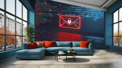 Secure Email Encryption Technology Concept. A digital depiction of an encrypted email icon with a lock, symbolizing secure and private online communication. Wall mural