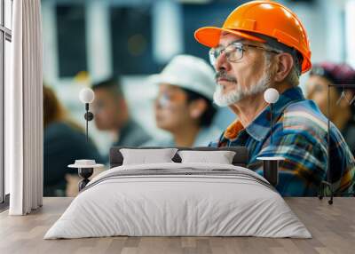 Senior Construction Worker Attending Safety Training. A focused senior construction worker with a hard hat participates in a safety training class among diverse colleagues. Wall mural