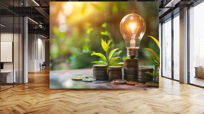 Sustainable Growth Concept with Lightbulb and Coins. Eco-friendly investment concept with a glowing light bulb growing on coin stacks, symbolizing profitable green energy solutions. Wall mural