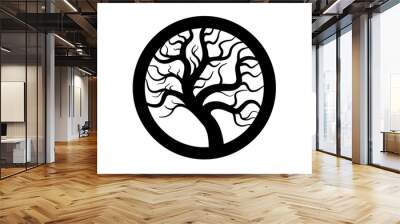 tree logo in circle, black isolated silhouette Wall mural